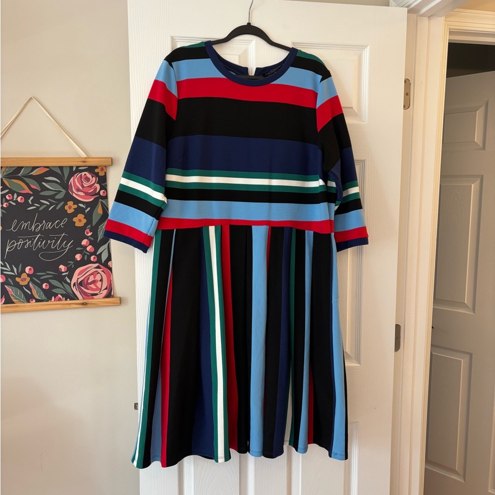 Eloquii Colorful Striped 3/4 Sleeve Dress